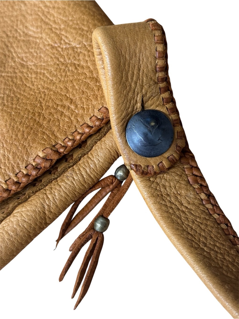 Vintage 70s Hippie Leather Bohemian Boho Gypsy Style Whip-Stitch Shoulder Bag - Picture 9 of 13